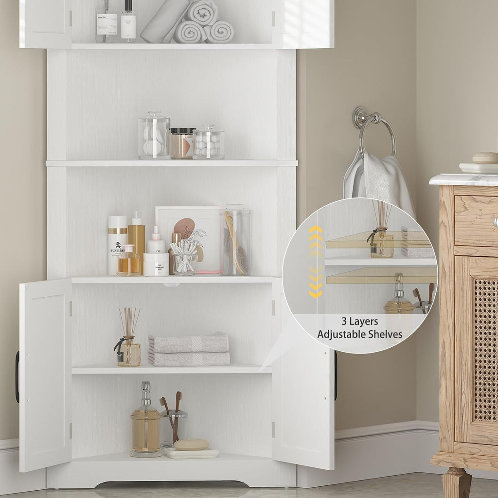 JOZZBY Corner Storage Cabinet, Farmhouse Corner Cabinet with Barn Doors & Adjustable Shelves, Corner Hutch Shelf Home Space Saver for Kitchen, Living Room, Hallway, White