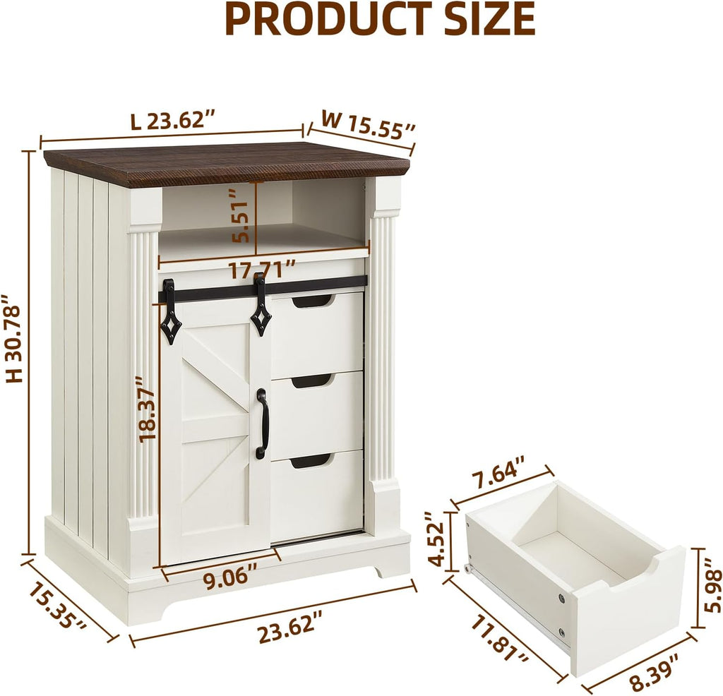 Minifeel Farmhouse Bathroom Cabinet, Freestanding Small Storage Cabinets with Barn Door and Three Drawers, Wooden Console Entryway Table with Roman Column for Kitchen, Living Room, laundry room, White
