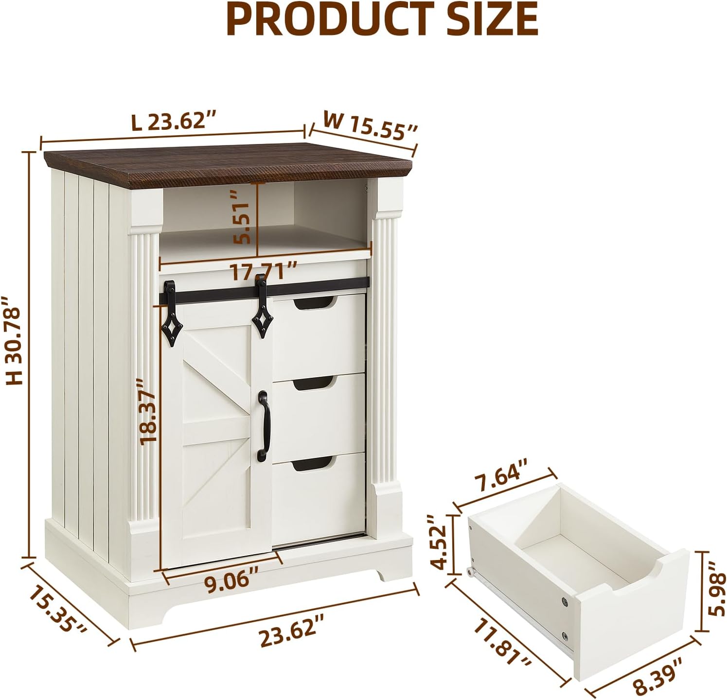 Minifeel Farmhouse Bathroom Cabinet, Freestanding Small Storage Cabinets with Barn Door and Three Drawers, Wooden Console Entryway Table with Roman Column for Kitchen, Living Room, laundry room, White