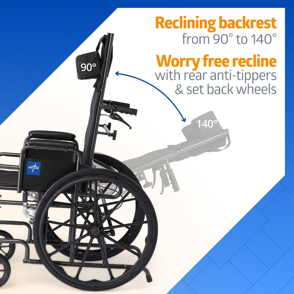 Medline Reclining Wheelchair, 18', with Elevating Leg Rests, Durable Vinyl, 300 lb. Weight Limit, Reclines 90 to 140 Degrees
