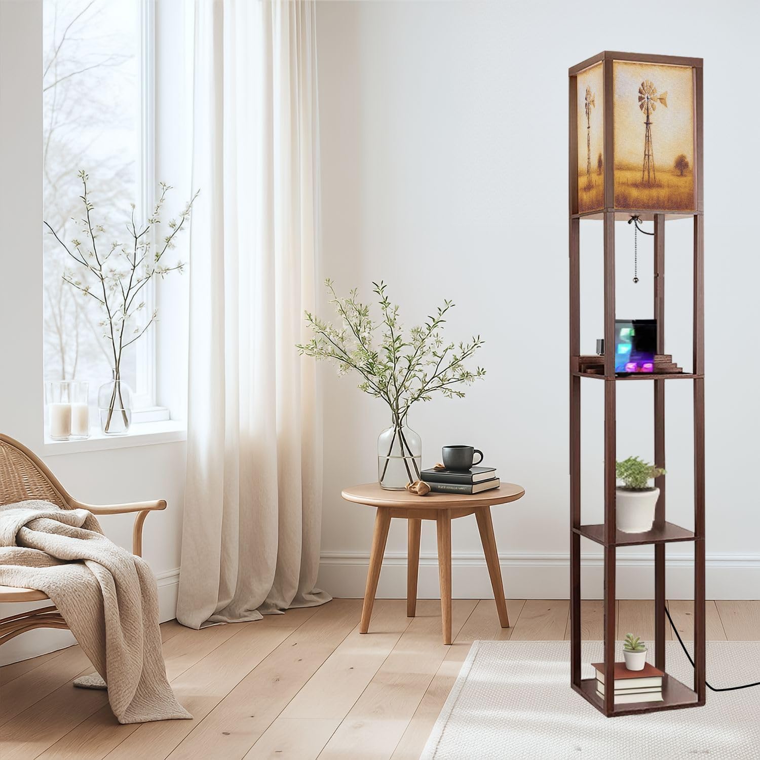 Floor Lamp with Shelves Rustic Windmill Golden Prairie Landscape Standing Tall Lamp USB Ports & Power Outlet Modern Corner Lamp Nightstand Light for Living Room Bedroom