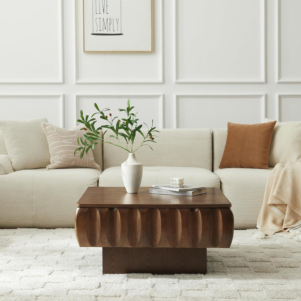 LKTART 31' Lift Top Coffee Table for Living Room, Fluted Coffee Table with Hidden Storage Compartment, Mid Century Modern Solid Wood Veneer Square Center Table for Office Apartment Small Space, Walnut