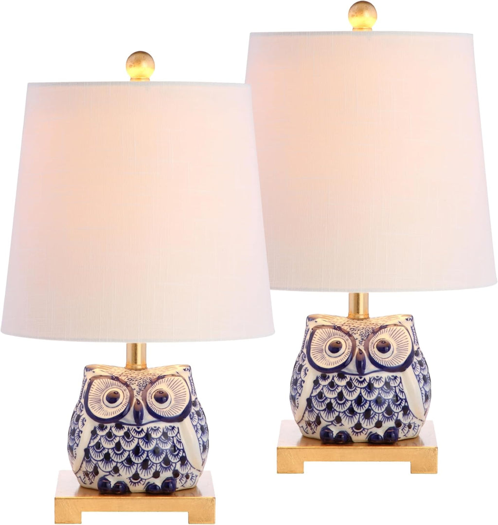 JONATHAN Y 16' Blue/White Ceramic Owl Mini Table Lamp for Bedroom or Office, Modern Farmhouse Nightstand Lamp with White Linen Shade, LED Bulb Included (JYL3014A-SET2)