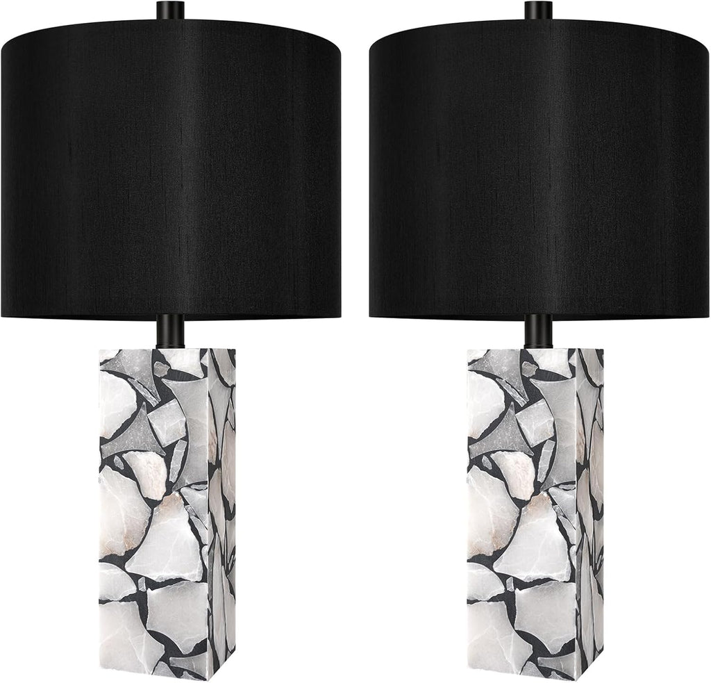 Scenekoy 23' Alabaster Table Lamps Set of 2 with Night Light for Living Room, Rotary Switch, Black Modern Table Lamp with Black Linen Shade, Nightstand Lamp for Bedroom Bedside Office (Bulb Included)