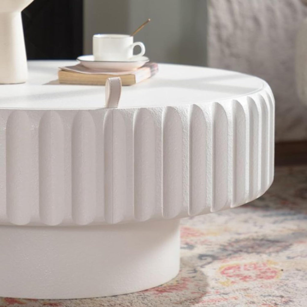 31.5'' White Round Coffee Table with Storage Space for Living Room, Modern Contemporary Circle Fluted Drum Pedestal Wood Coffee Table, Easy Assembly, White