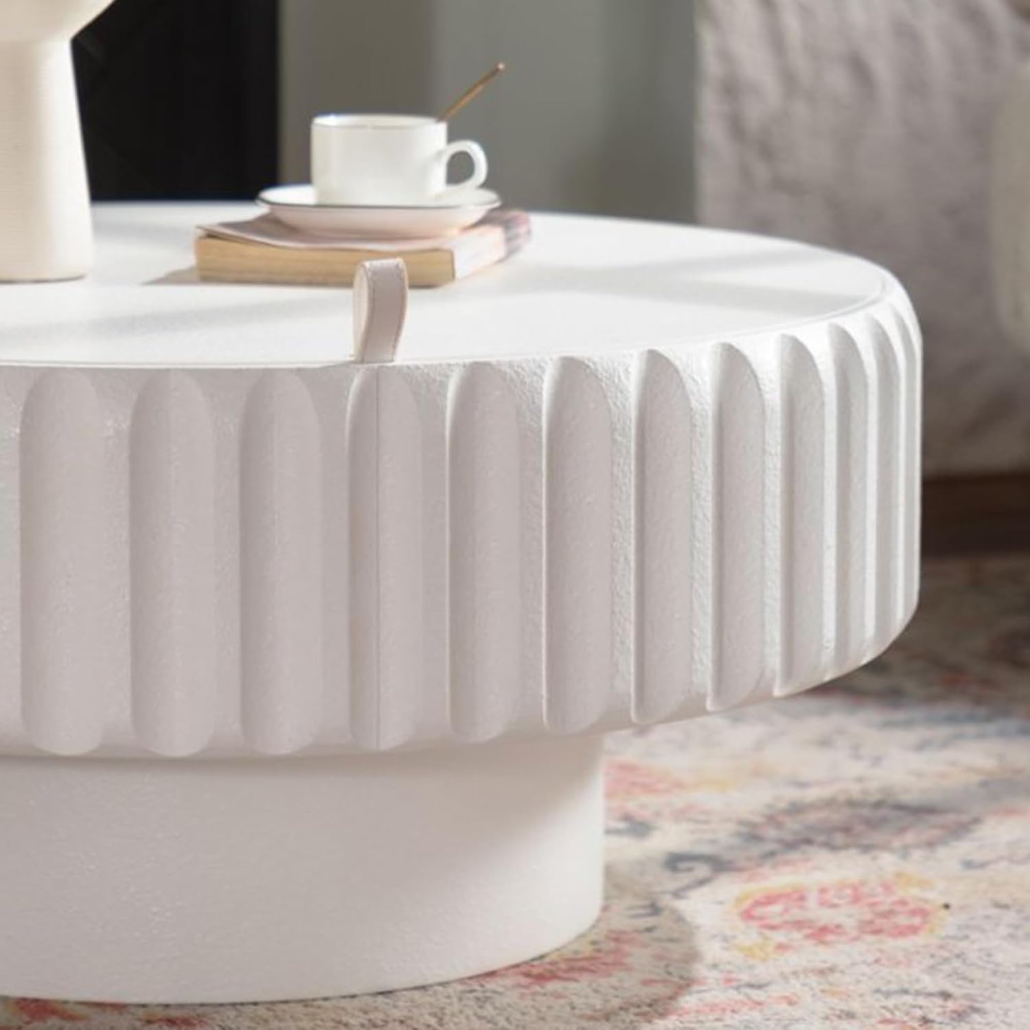 31.5'' White Round Coffee Table with Storage Space for Living Room, Modern Contemporary Circle Fluted Drum Pedestal Wood Coffee Table, Easy Assembly, White