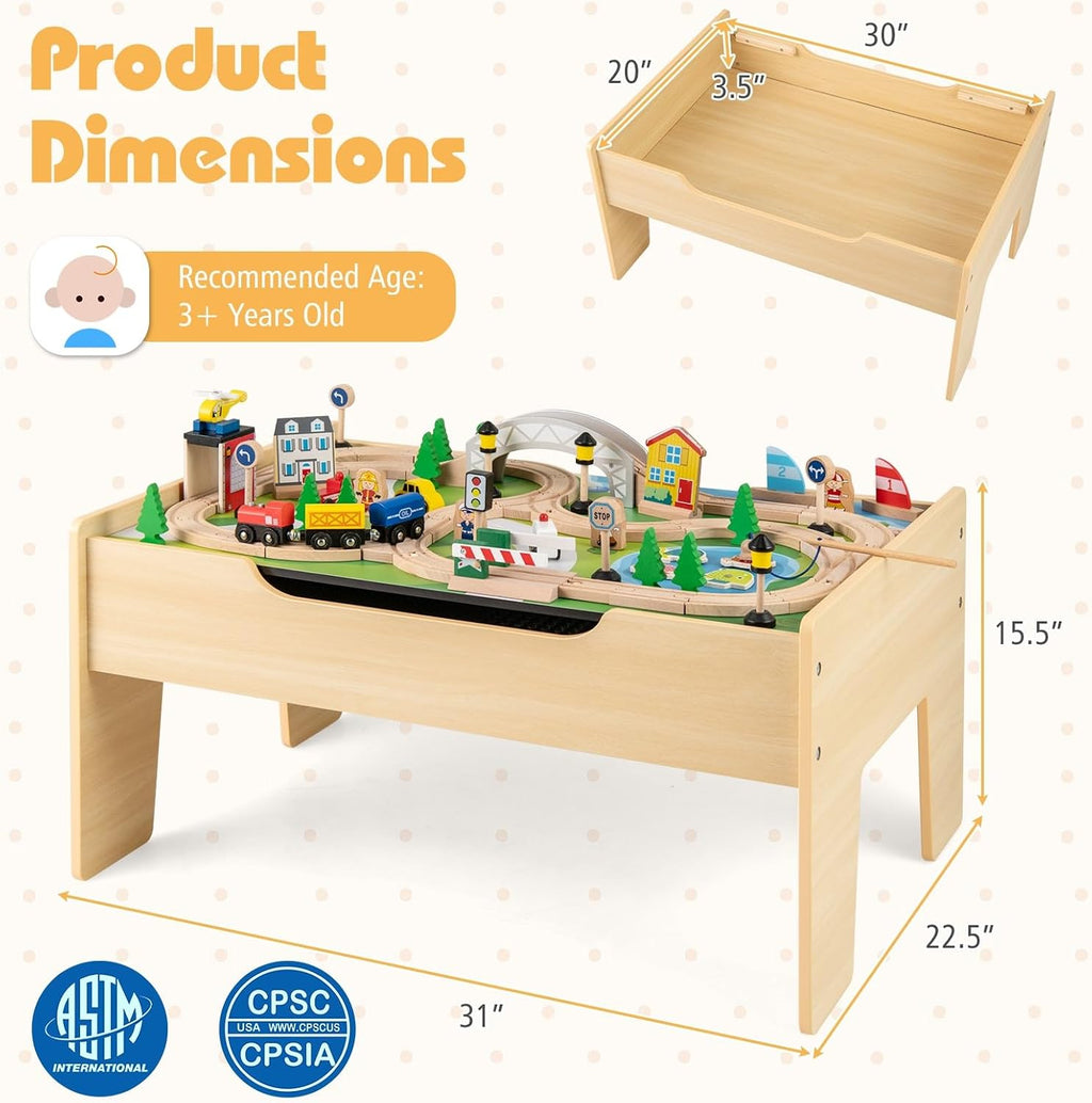 Costzon Train Table, 5 in 1 Kids Activity Wooden Set w/ 78 Pieces Railway Playset, Reversible Map Top, Blackboard, Building Bricks Station & Large Storage Space, Toddler Sensory Table for 18 M+