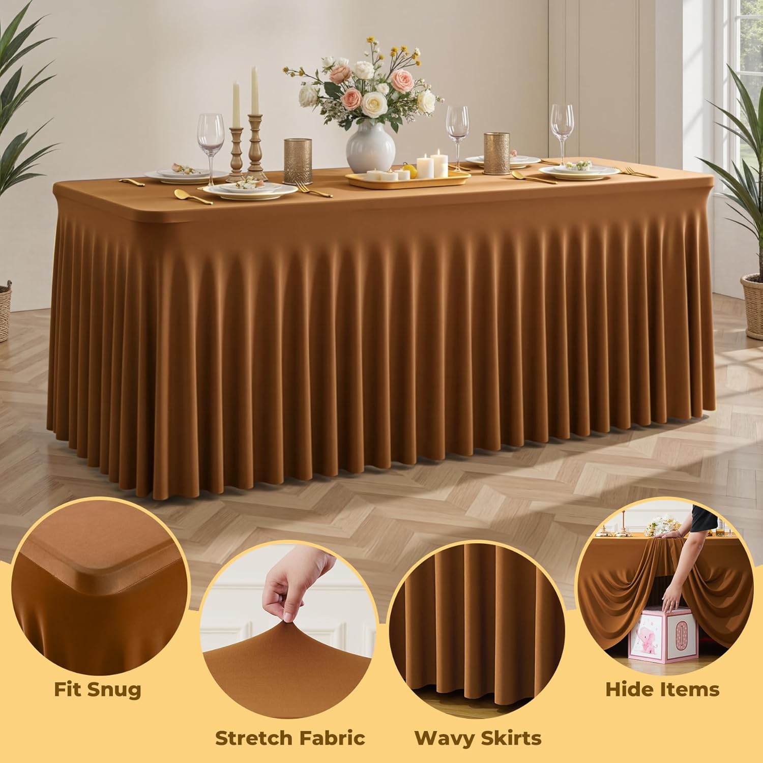 6 Pack Brown Spandex Fitted Tablecloth 8 Foot - Stretch Table Clothes for 8 FT Rectangle Table, Washable Ruffles Elastic for Weddings, Buffet, Banquet, Trade Craft Show, Party Celebration