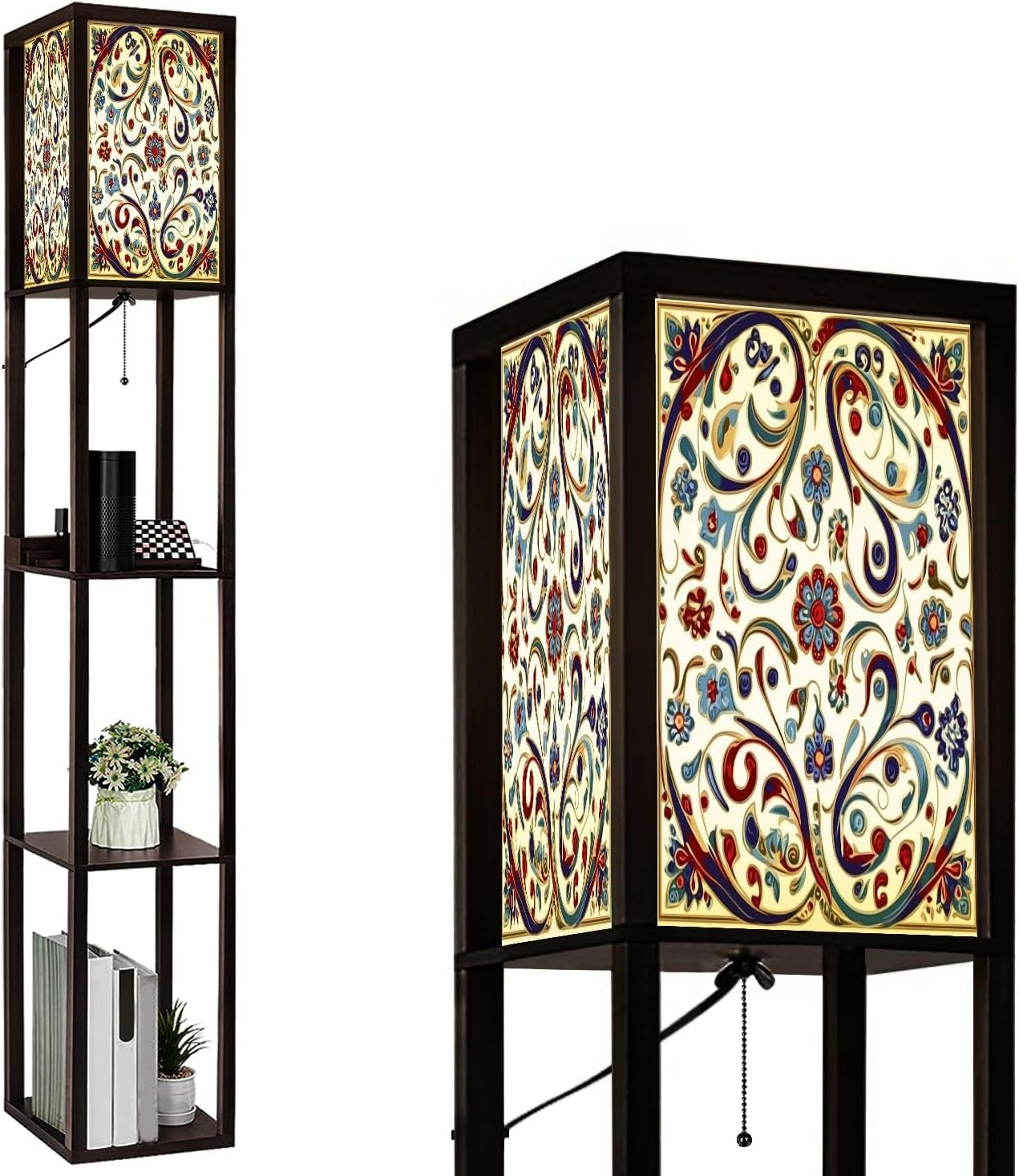 Floor Lamp with Shelves Red Blue Green Turkish Seamless Pattern Luxury Floral Ornament Standing Tall Lamp USB Ports & Power Outlet Modern Corner Lamp Nightstand Light for Living Room Bedroom