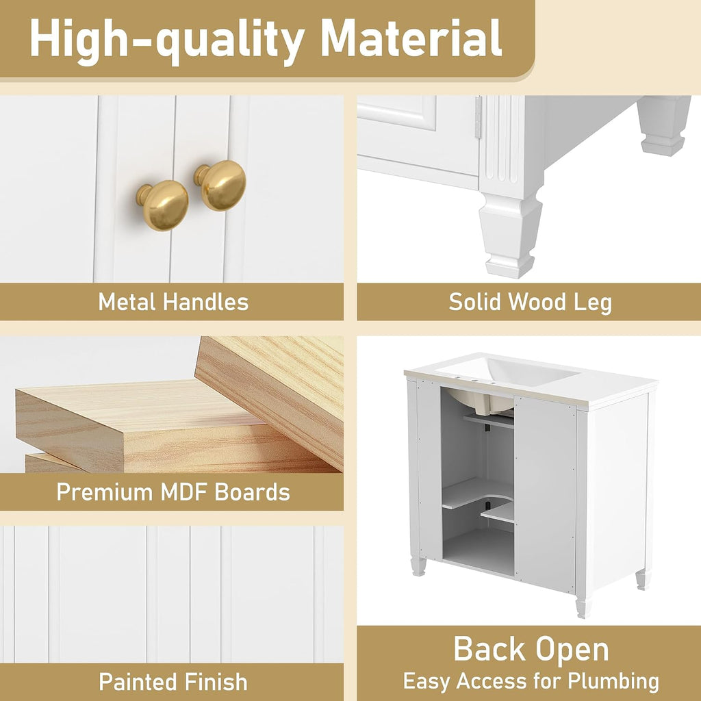 Merax 36' Bathroom Vanity with Ceramic Sink Set Combo, Tip-Out Drawer, Storage Cabinet Organizer with 2 Doors and Adjustable Shelf, White