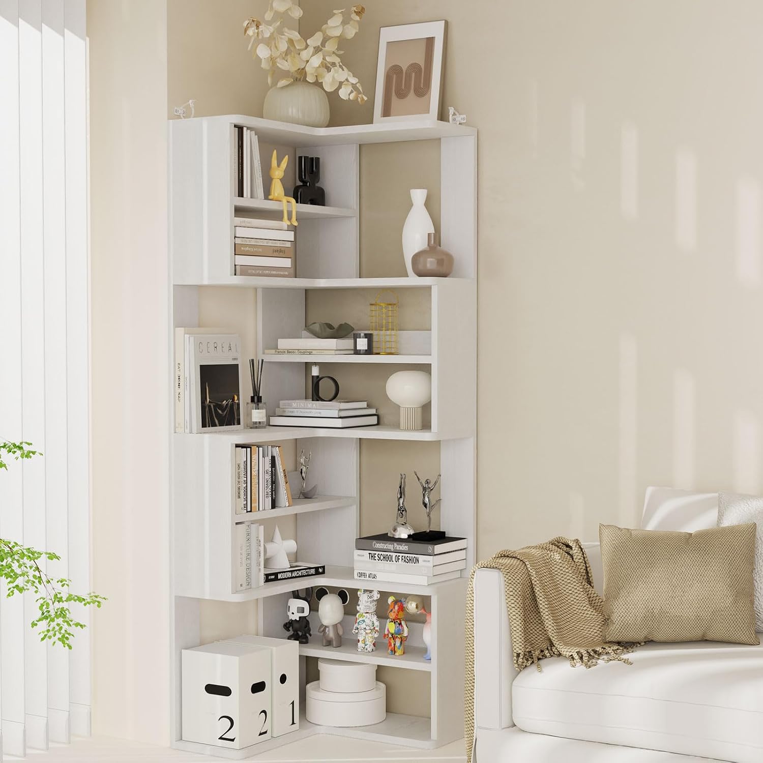 Lkeiyay 9-Tier White Corner Bookcase, 65' Tall Space-Saving Modern Corner Bookshelf for Living Room/Bedroom, Sturdy Open Storage Unit with Multiple Shelves, Perfect for Home Office & Small Spaces
