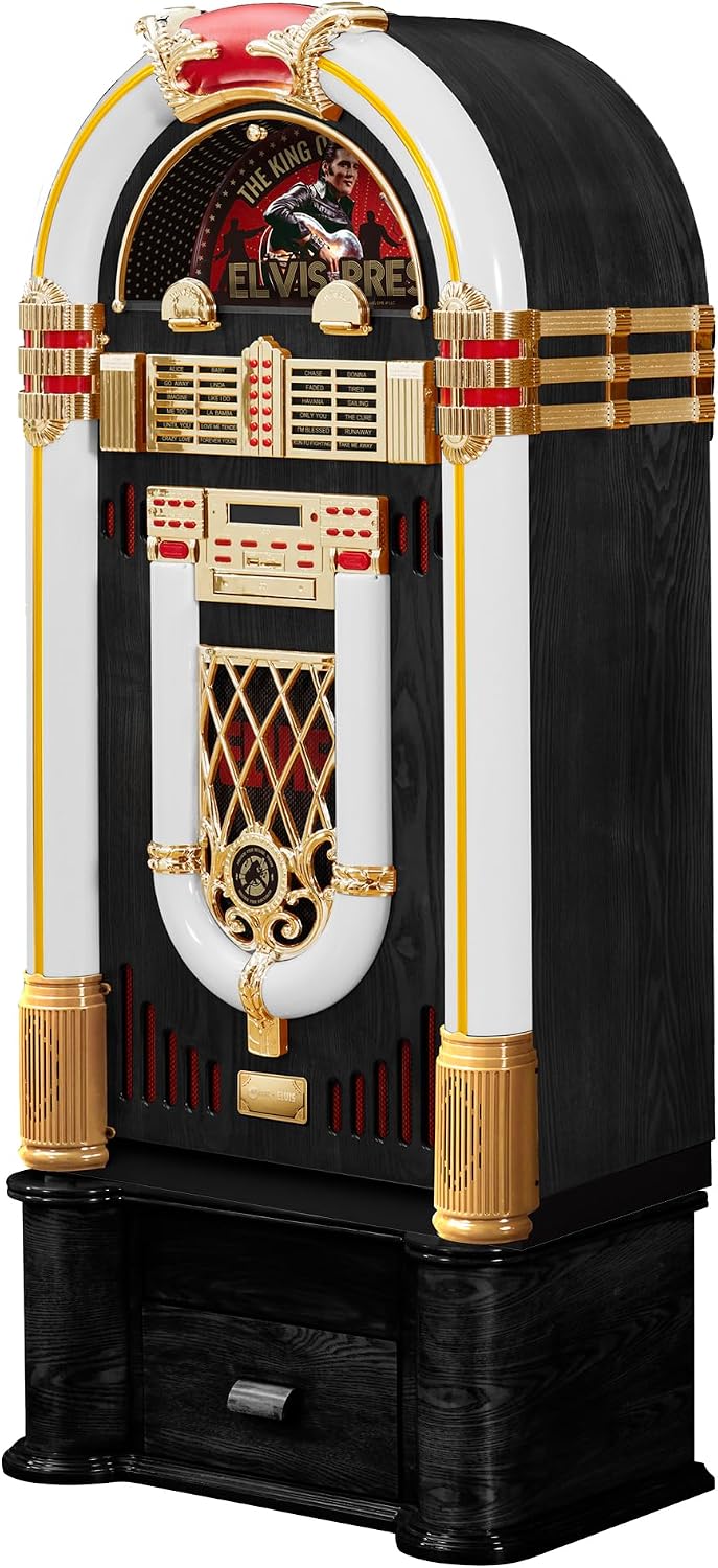 Arkrocket x Elvis Presley Jukebox Saturn V Full Size Bluetooth Vinyl Record Jukebox CD Player Vintage Radio Retro Turntable Classic Jukebox with Black Stand (Elvis Saturn V + Stand - Black)