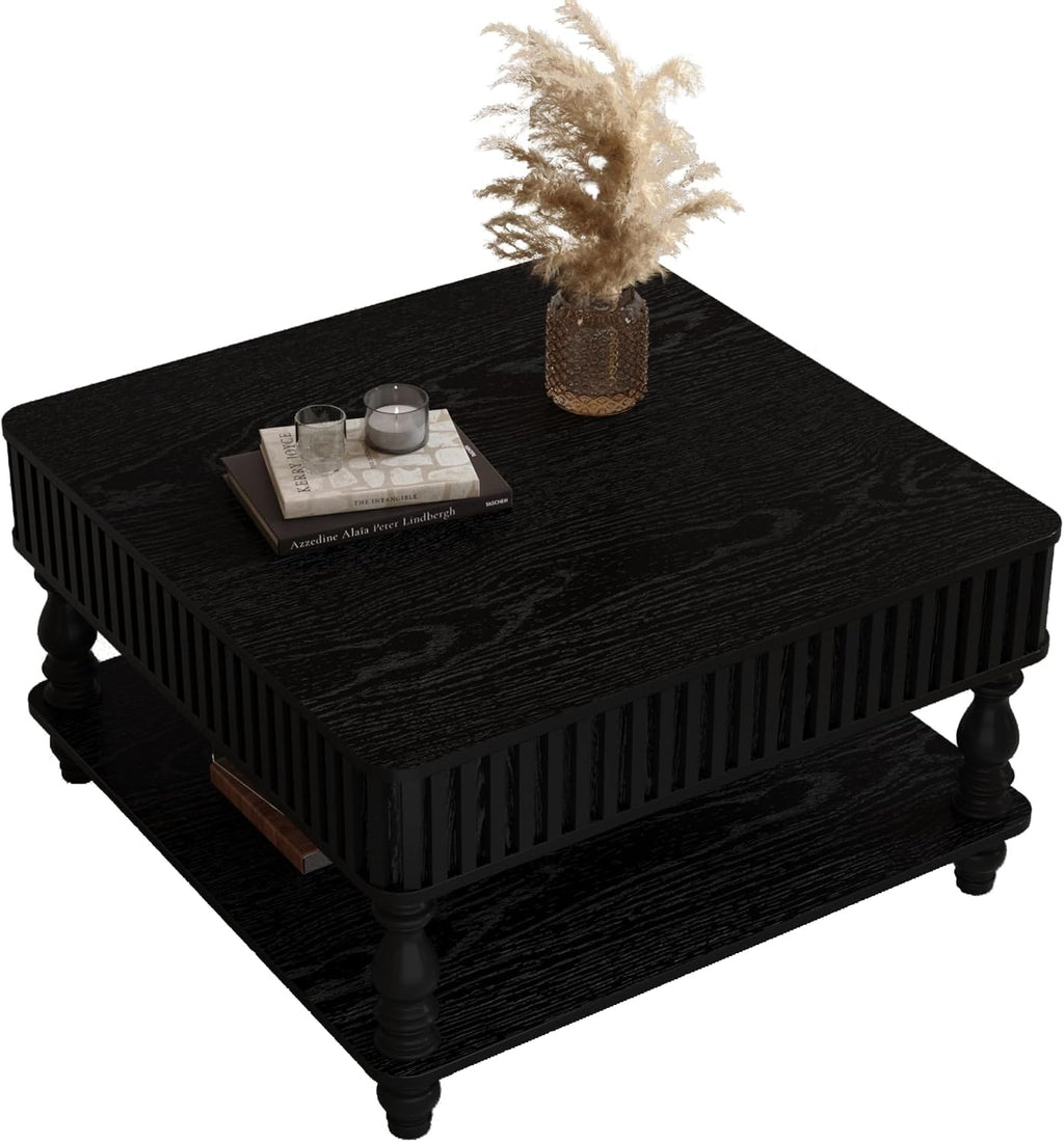 HARR Lift Top Square Coffee Table with Storage, 31.5'' Sofa Side End Table, Fluted Design Hydraulic Raising Mechanism, Hidden Compartment & Open Shelf, Retro Solid Wood Legs for Living Room, Black