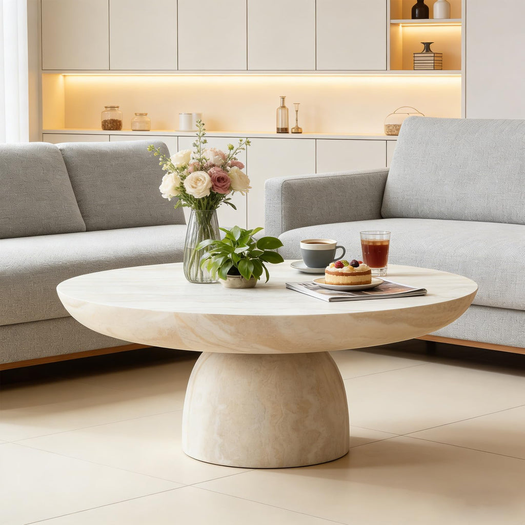 31.5' Modern Faux Marble Coffee Table, Round Stone Coffee Table with Cylindrical Leg, Fiberglass Drum Circle Center Table, Sofa Side End Tables for Living Room Apartment Home Cocktail Tea