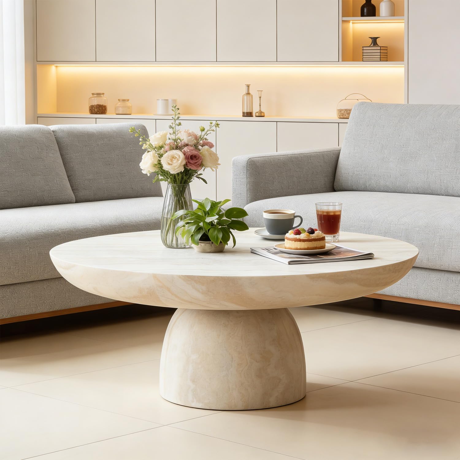 31.5' Modern Faux Marble Coffee Table, Round Stone Coffee Table with Cylindrical Leg, Fiberglass Drum Circle Center Table, Sofa Side End Tables for Living Room Apartment Home Cocktail Tea