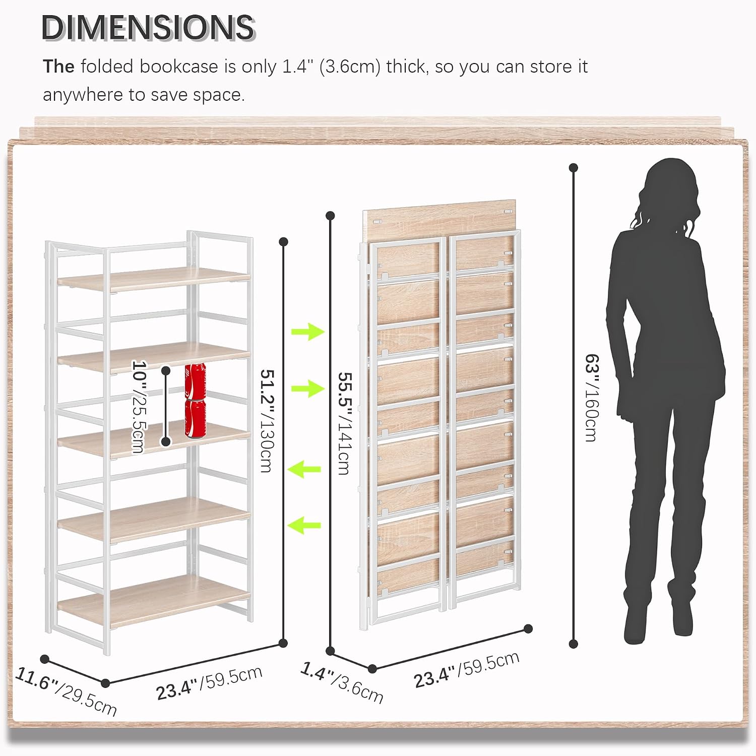 4NM No Assembly 5 Tier Collapsible Book Shelves, 51.2' H x 23.6' W Folding Bookshelf Bookcase Open Industrial Foldable Shelf for Bedroom, Living Room, Home Office - Natural White