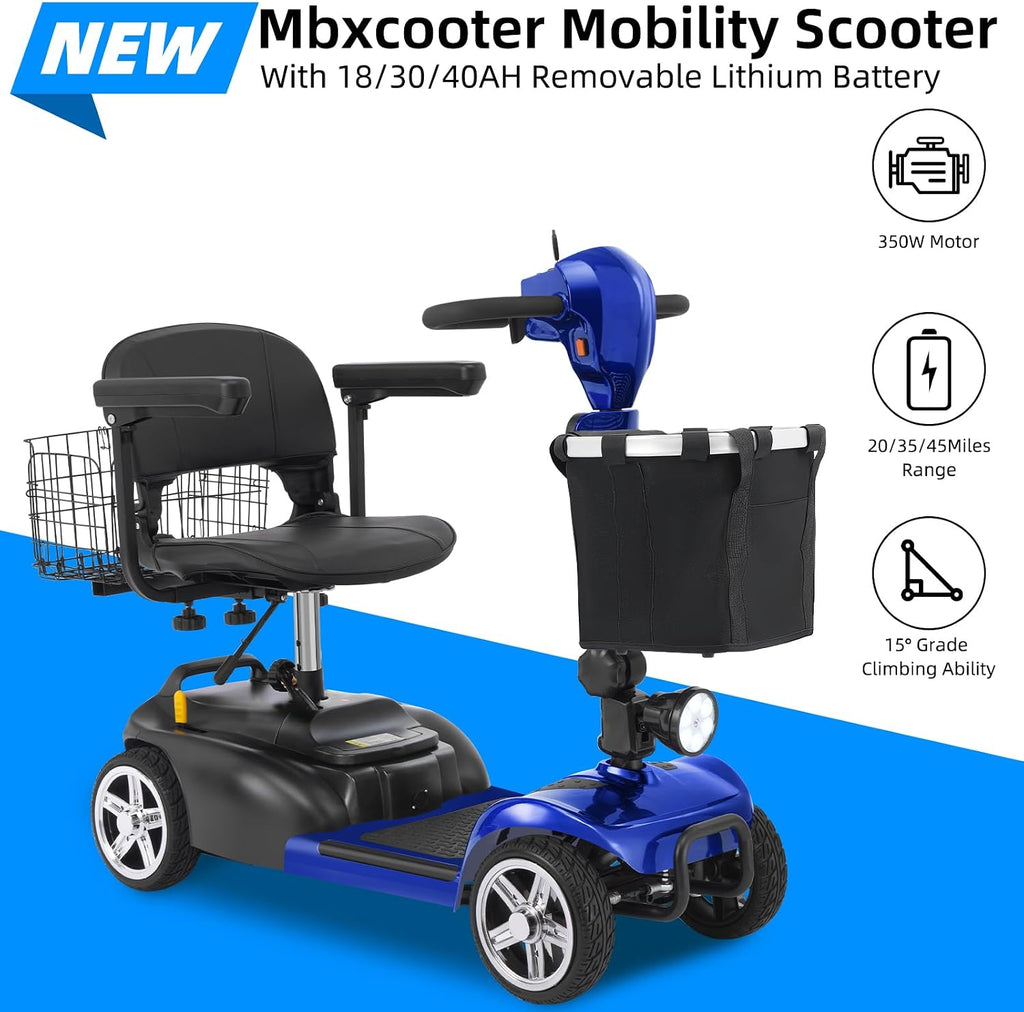 20 Miles 4 Wheels Mobility Scooter for Seniors/Adults Up to 300LBS,350W Electric Wheelchair Detachable Lithium Battery,Dual Baskets,Rotating Seat,with Taillight, USB Charging, Blue 18AH