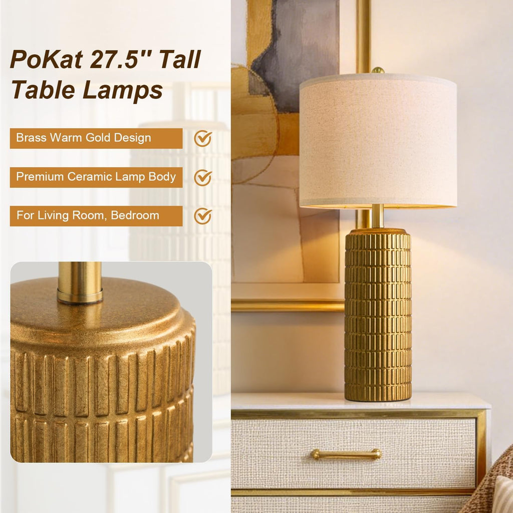 PoKat 27.5'' Tall Brass Gold Table Lamps Set of 2 for Living Room, Modern Table Lamps for Bedroom Night Stands, Retro Ceramic Bedside Lamps, Nightstand Lamps for Sideboard Side End Table, Gold