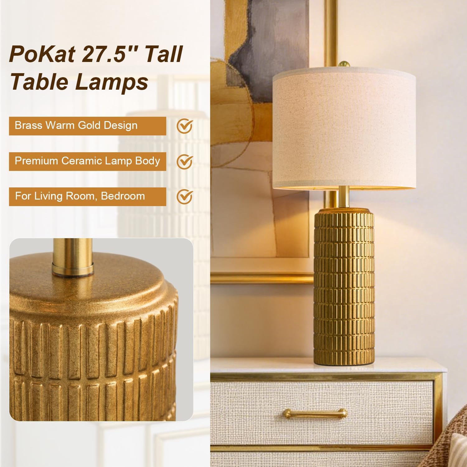 PoKat 27.5'' Tall Brass Gold Table Lamps Set of 2 for Living Room, Modern Table Lamps for Bedroom Night Stands, Retro Ceramic Bedside Lamps, Nightstand Lamps for Sideboard Side End Table, Gold