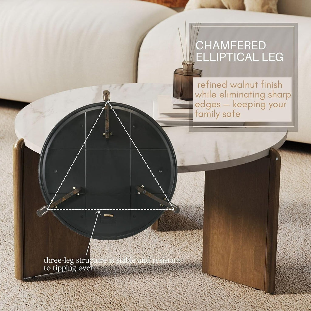 Travertine Texture Coffee Table 31.5 inch Modern Faux Marble Coffee Table Low Circle Center Table for Living Room Round Accent Table with Three-Legs for Apartment, White