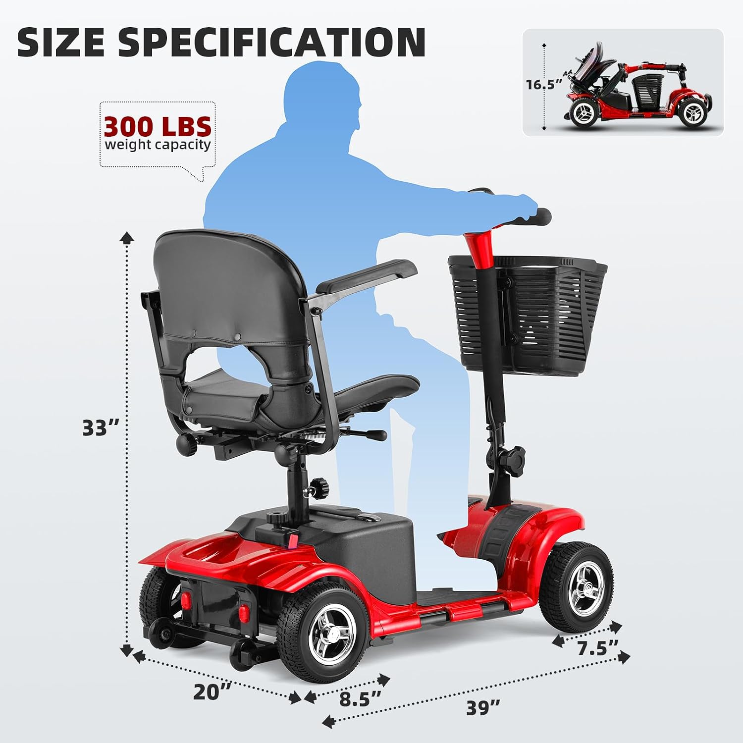 SUNDERWELL Mobility Scooters for Seniors & Adults, Compact Foldable Mobility Scooter with Tool-Free Disassembly, 15 Miles Range Electric Powered Mobility Scooters with 300 lb Capacity & USB Port (Red)