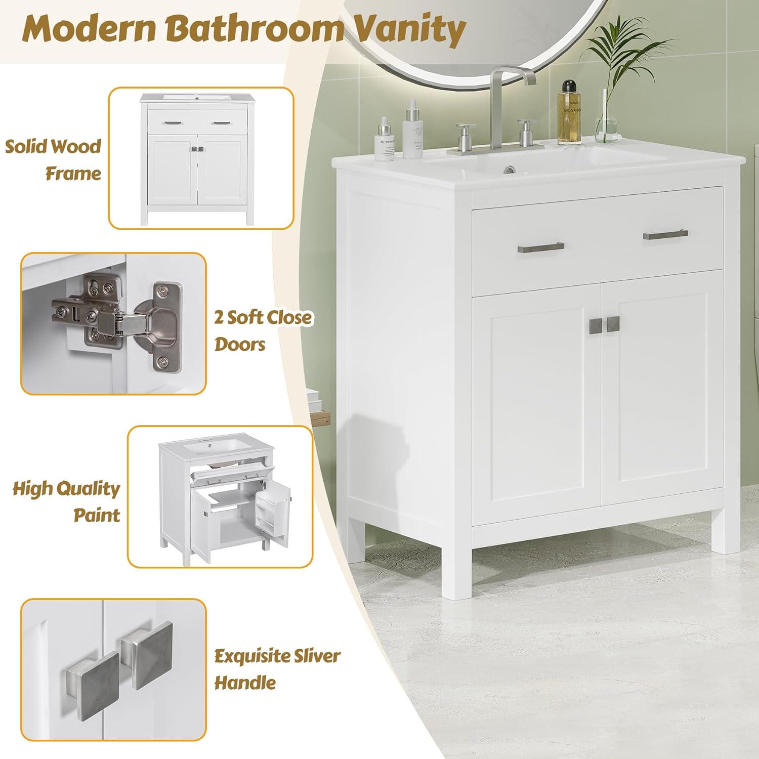 Merax 30' Modern Single Bathroom Vanity Set with Ceramic Sink, Freestanding Wood Frame Bathroom Storage Cabinet with a Flip-Out Drawer & 2 Doors & a Shelf, White