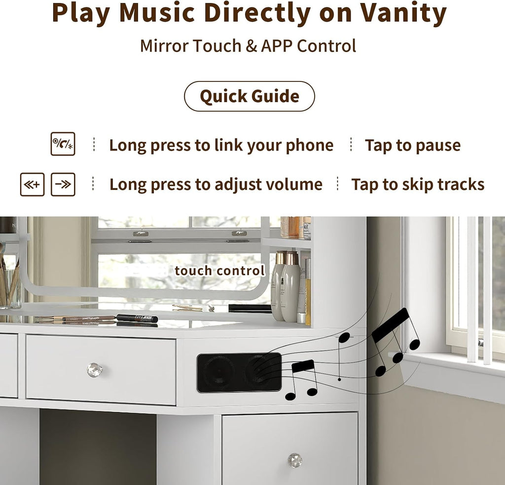 Yanosaku Corner Vanity Desk with Buil-in Speaker, 8 Drawers & 6 Shelves, Makeup Vanity with Glass Top, Modern Vanity with Mirror and Lights, 3 Color Lighting Modes, Dressing Table for Bedroom, White