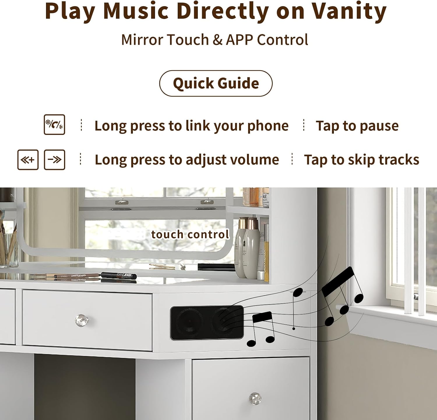 Yanosaku Corner Vanity Desk with Buil-in Speaker, 8 Drawers & 6 Shelves, Makeup Vanity with Glass Top, Modern Vanity with Mirror and Lights, 3 Color Lighting Modes, Dressing Table for Bedroom, White