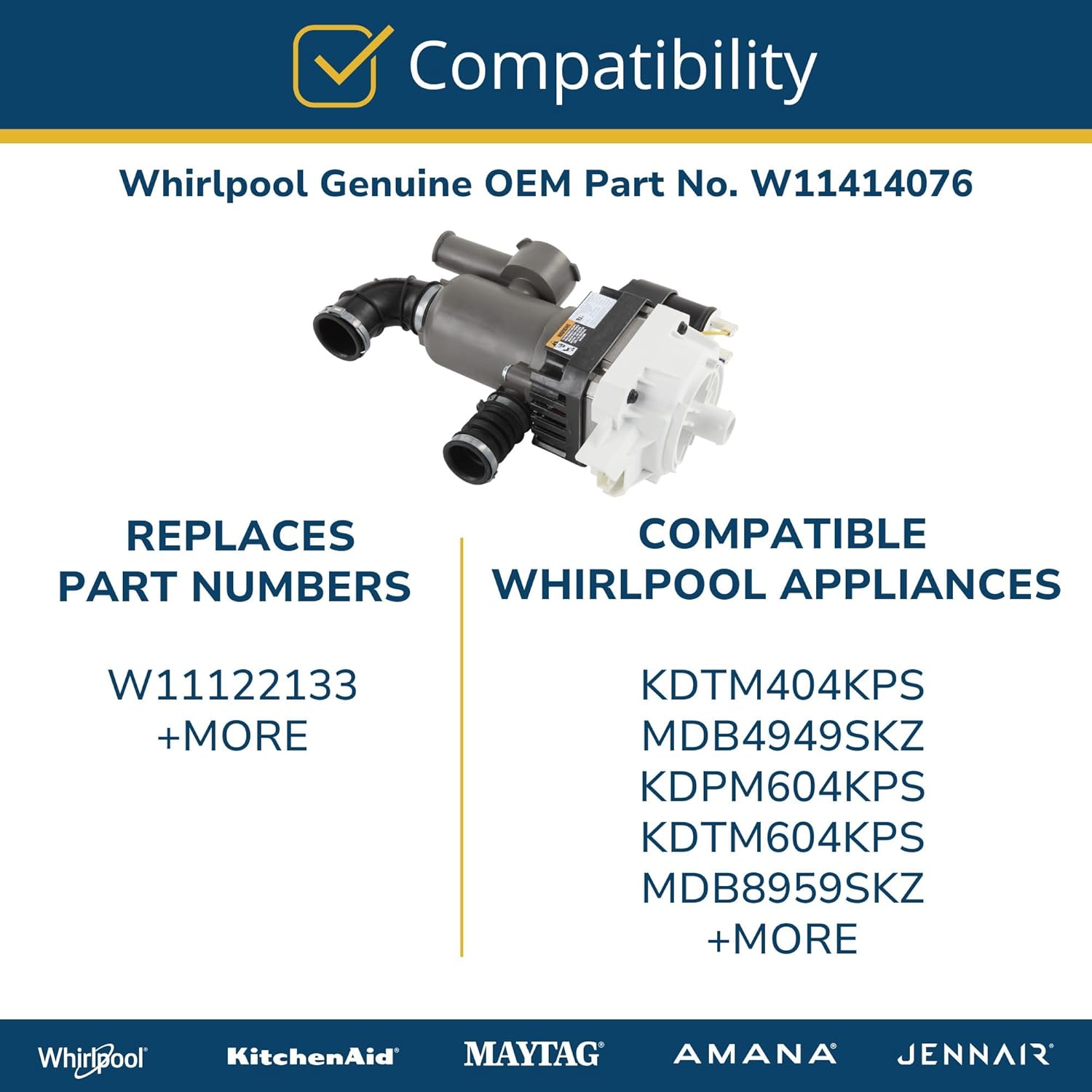 Whirlpool W11414076 Genuine OEM Dishwasher Pump and Motor Assembly Replacement Part - Replaces W11122133
