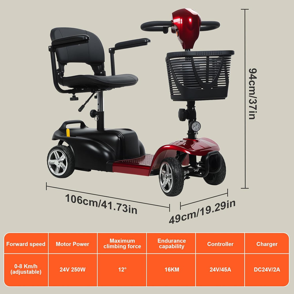 4-Wheel Electric Scooter for Adults | Long Range Mobility Scooter with Basket, Charger & 330 lbs Capacity for Seniors Outdoor Use (Red and Black)