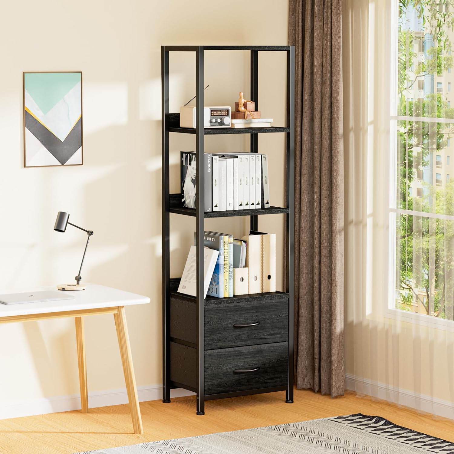 Furnulem Black Dresser with 5 Drawers, Vertical Storage Tower Fabric Dresser for Bedroom, 4-Tier Corner Shelf, Bookshelf with 2 Storage Drawers, 57.28'Tall Narrow Bookcase