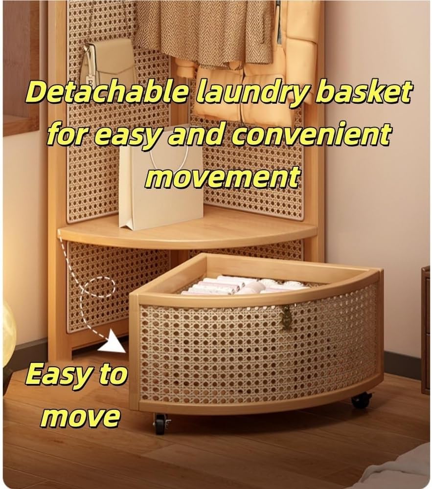 Corner Coat Rack with Shelves and Drawer, Wooden Tall Coat Rack with Shoe Storage for Clothes and Bags, Plastic Rattan Hall Tree with Shoe Storage for Bedroom(Brown)