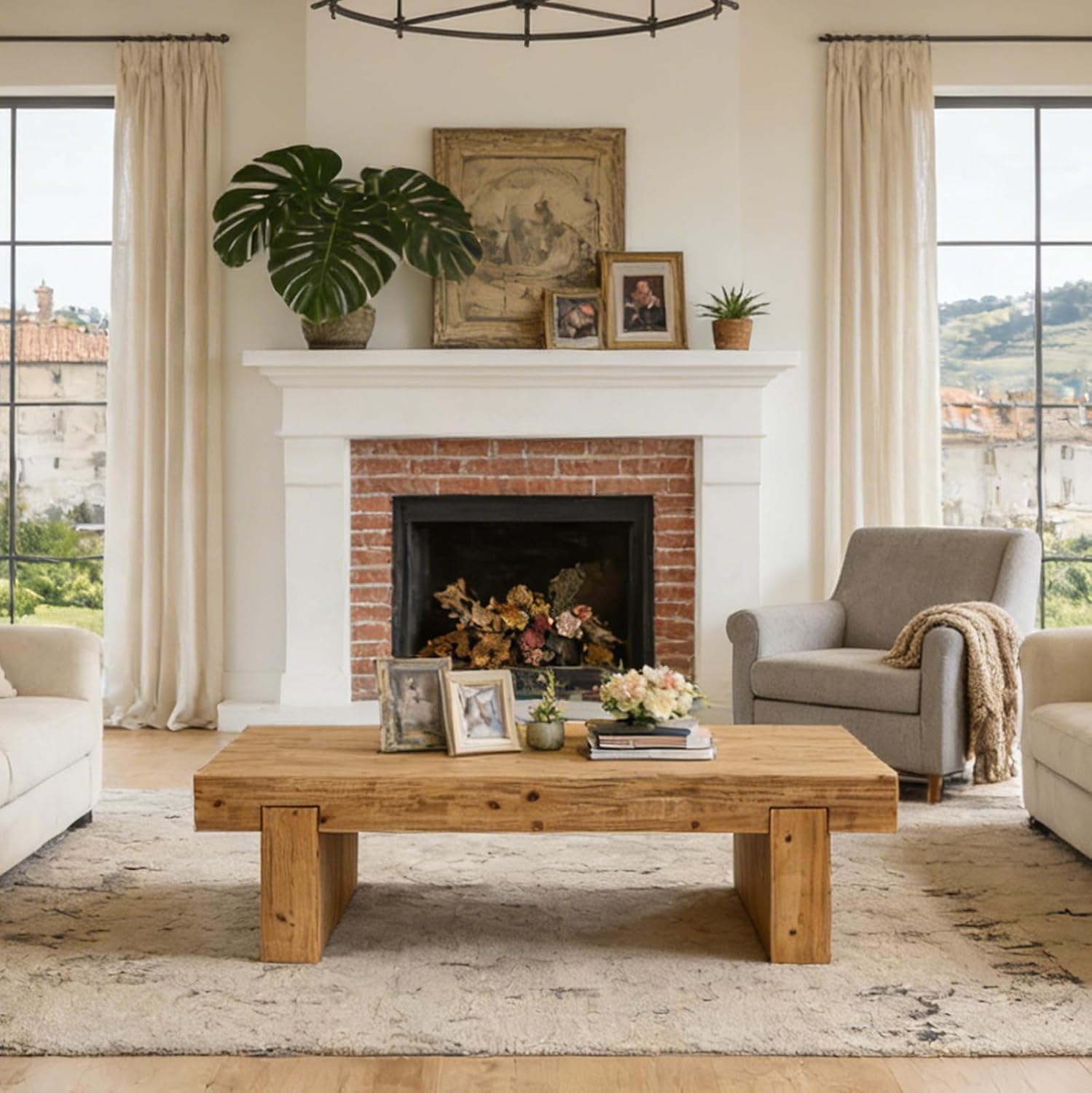SSLine Solid Wood Coffee Table 47.6-Inch Rectangular Coffee Table for Living Room,Farmhouse Cocktail Center Tables with Thicken Top and Sturdy Legs,Natural Brown