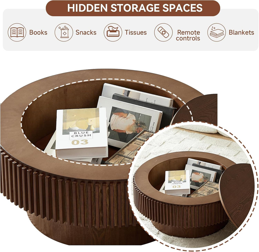 Round Coffee Table for Living Room,Fluted Drum Accent Tea Center Table with Storage,Circle Modern Coffee Tables for Small Space Office Apartment (31.5' L×31.5''W×14''H-Walnut)