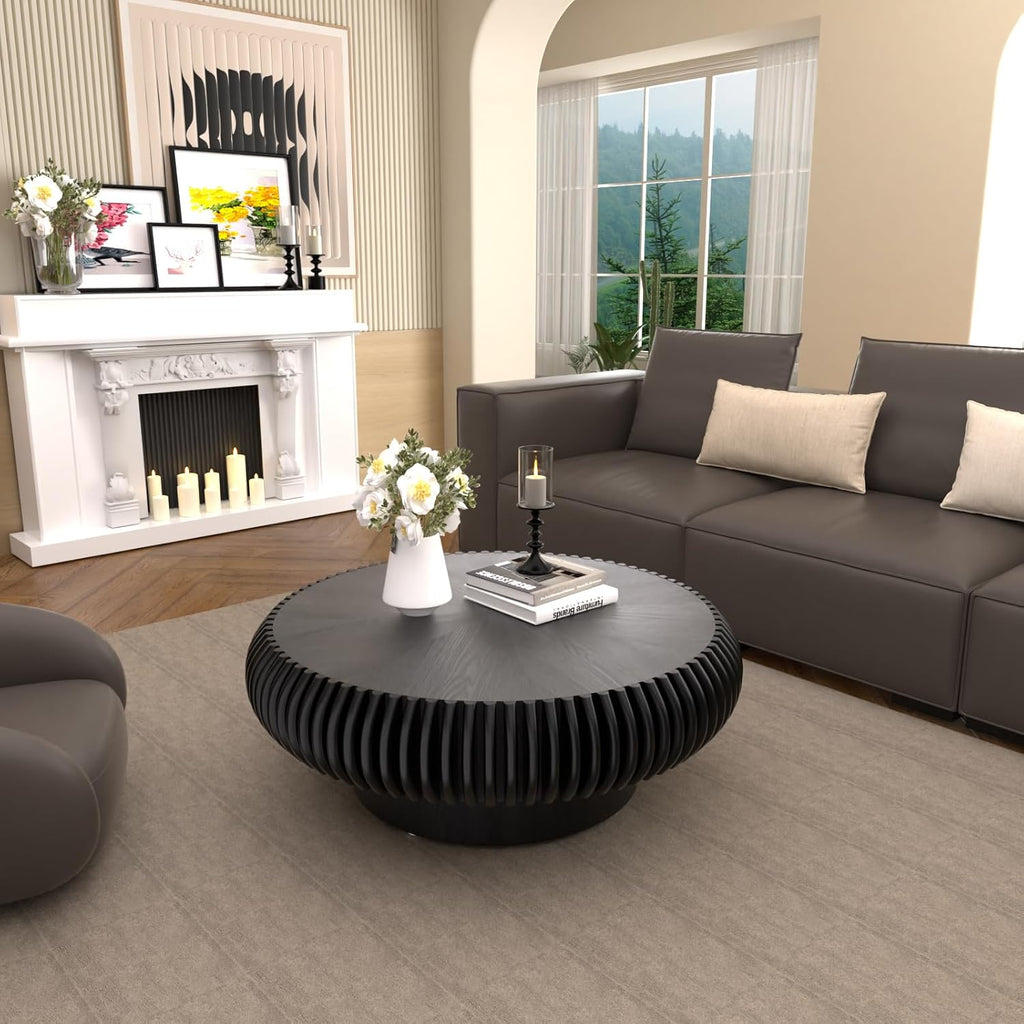 Round Coffee Table for Living Room Modern Black Fluted Coffee Table 31.4 inch Low Round Drum Coffee Tables for Living Room (Black, 31.4')