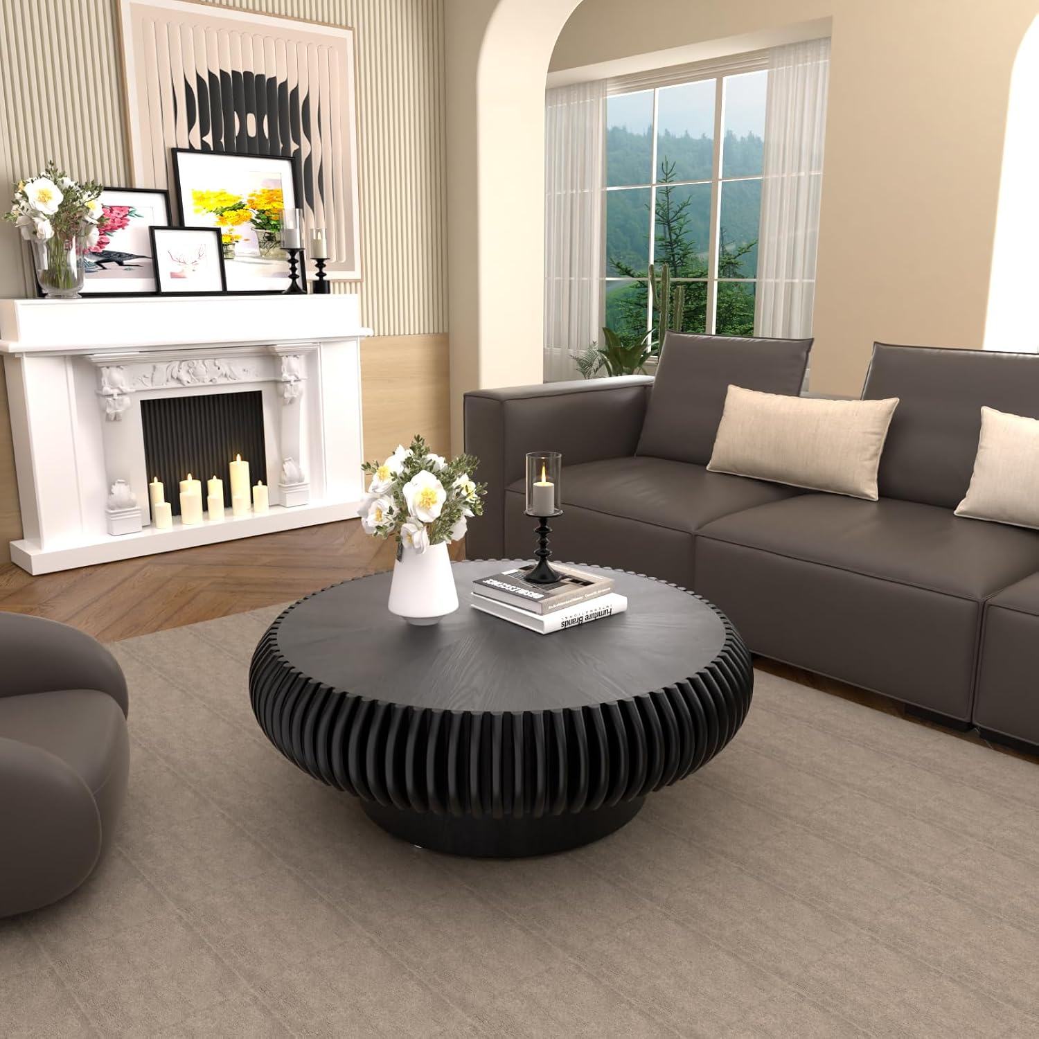 Round Coffee Table for Living Room Modern Black Fluted Coffee Table 31.4 inch Low Round Drum Coffee Tables for Living Room (Black, 31.4')