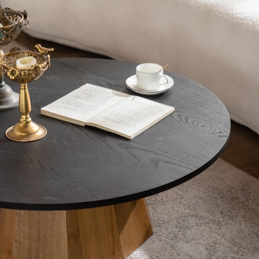 GDFStudio Mid Century Modern Round Coffee Table, Tree Design Circle Coffee Table for Living Room Office Apartment, Small Tea Tables with Pedestal, Easy Assembly Indoor Side Tables, Black+Wood 12.4' H