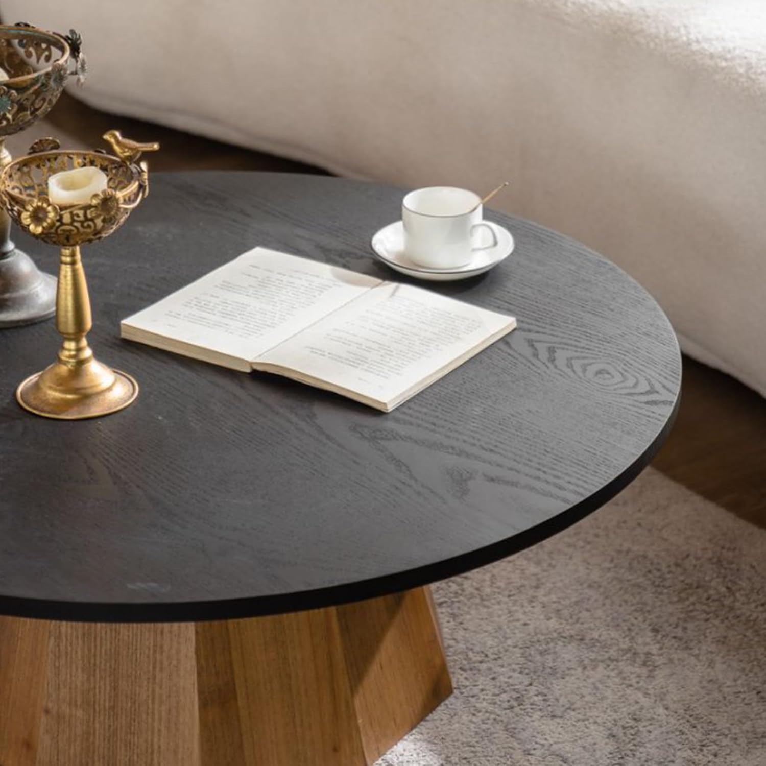 GDFStudio Mid Century Modern Round Coffee Table, Tree Design Circle Coffee Table for Living Room Office Apartment, Small Tea Tables with Pedestal, Easy Assembly Indoor Side Tables, Black+Wood 12.4' H