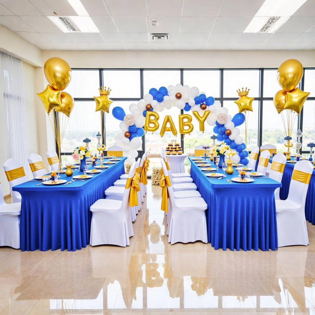 6 Pack Royal Blue Spandex Tablecloths for 8 Foot Rectangle Tables, Wrinkle Free Fitted Tablecover 8ft Stretchy Table Cloth with Skirt for Weddings Birthday Party Banquet Baby Shower