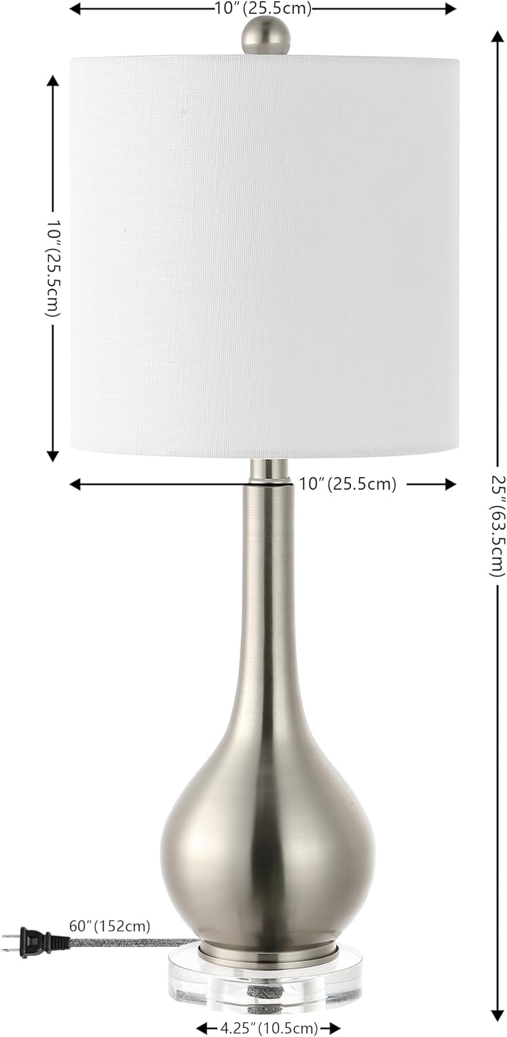 JONATHAN Y 25' Nickel Metal and Crystal Teardrop LED Table Lamp for Bedroom Living Room Bedside Nightstand, White Linen Drum Shade, LED Bulb Included, Set of 2 (JYL5010B-SET2)
