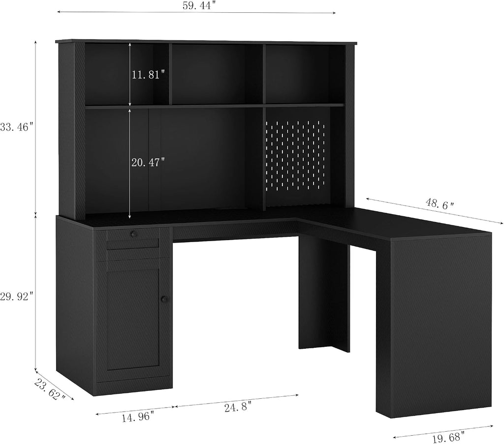 Black L-Shaped Home Office Desk with Hutch & Drawers, Modern Corner Desk with Bookshelf, Wood Study Writing Table Gaming Computer Desk for Bedroom, Home