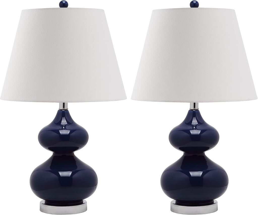 SAFAVIEH Lighting Collection Eva Modern Contemporary Navy Double Gourd Glass 24-inch Bedroom Living Room Home Office Desk Nightstand Table Lamp Set of 2 (LED Bulbs Included)