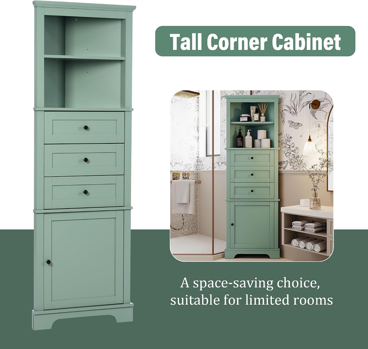 Triangle Tall Bathroom Storage Cabinet, Corner Storage Cabinet | with 3 Drawers, 1 Cabinet & Adjustable Shelves for Bathroom Kitchen Living Room (Green, 23'W x 13.4'D x 68.9'H)