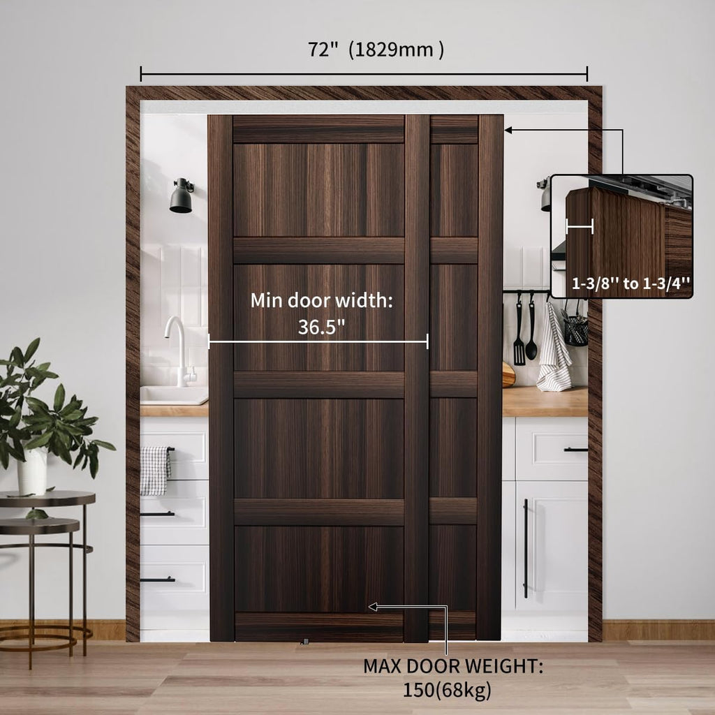 Heavy Duty Bypass Sliding Closet Door Track Hardware 72',6FT Aluminium Pocket Door Track Rail Set, Smoothly and Quietly, for 2 Door System