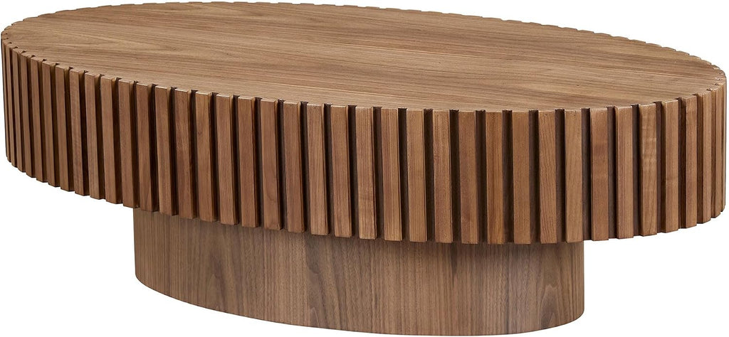 Walnut Oval Coffee Table - Modern Wood Coffee Table for Living Room, Contemporary Circle Fluted Drum Design, Easy Assembly (43.7'' x 24.8'' x 13.38'')