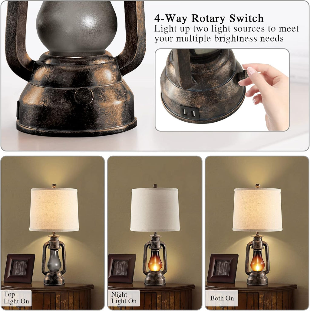 Farmhouse Rustic Table Lamps for Bedroom Set of 2, Vintage Lantern Lamp with Dual USB Charging Ports,25' Retro Antique Bedside Nightstand Desk Lamp for Living Room End Table Entryway, 4 Bulb Included