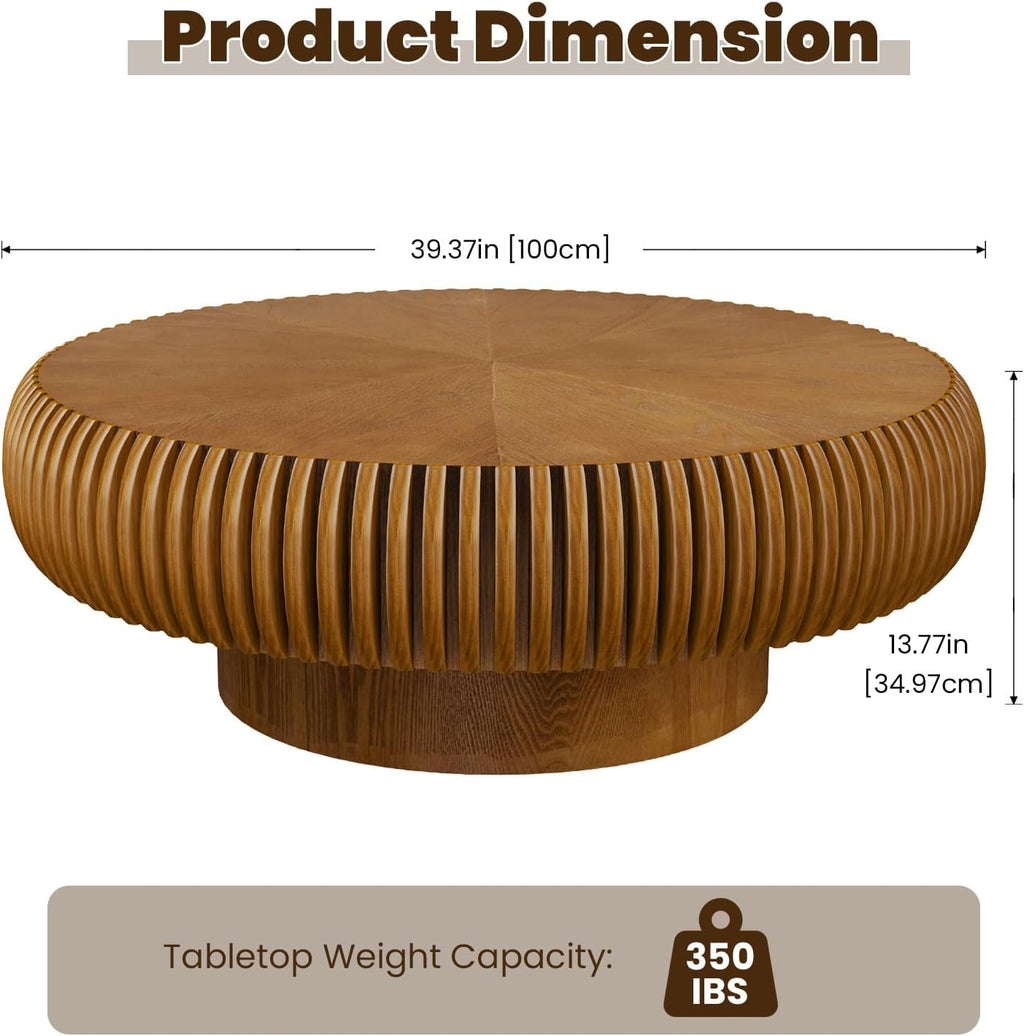 39.3' Drum Coffee Table Modern Unique Fluted Tea Table Contemporary Wood Round Coffee Table with Fluted Centry Table for Living Room Walnut (39.3' Brown)