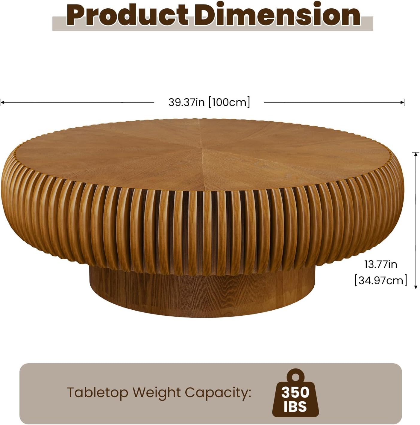 39.3' Drum Coffee Table Modern Unique Fluted Tea Table Contemporary Wood Round Coffee Table with Fluted Centry Table for Living Room Walnut (39.3' Brown)