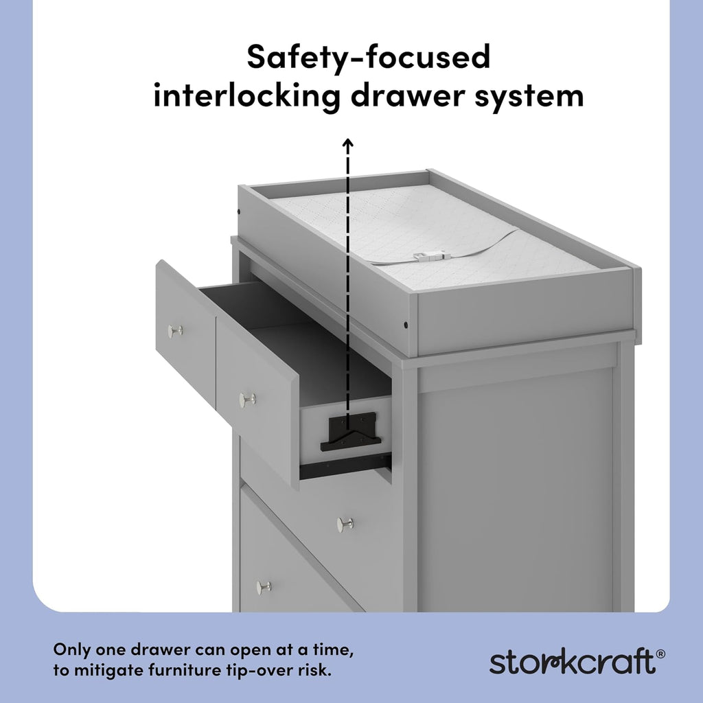 Storkcraft Horizon 3 Drawer Chest with Changing Topper (Pebble Gray) – GREENGUARD Gold Certified, Includes Removable Changing Table Topper, Chest of Drawers for Nursery & Kids Bedroom