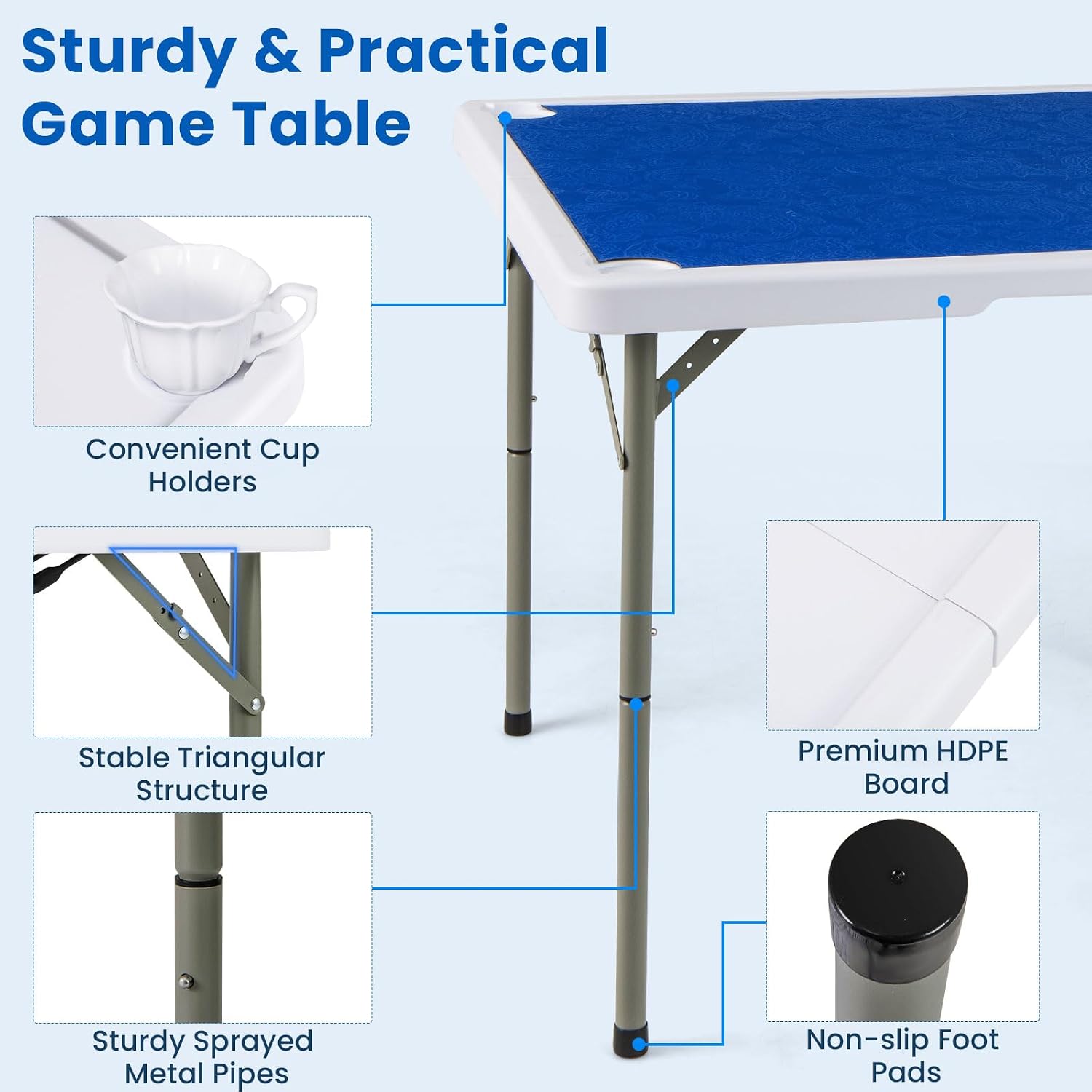 Goplus Mahjong Table, 35' Square Folding Card Table w/4Cup Holders, Anti Slip Mat, HDPE Tabletop, Metal Legs, Portable Mahjong Game Table for Domino Game, Picnic (Navy, Table w/Removable Mat)